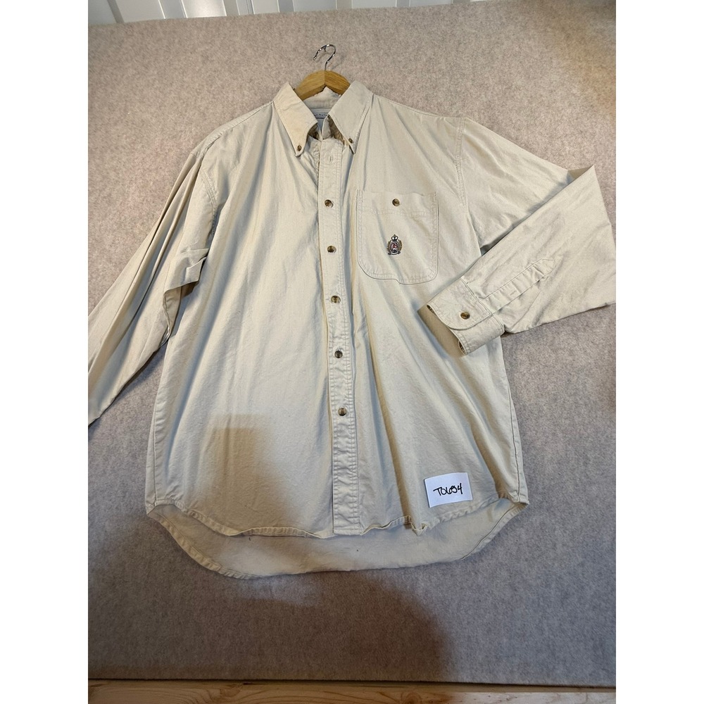 Vintage Bugle Boy Company Mens Large Beige Khaki Cotton‎ Crest Button Down Shirt